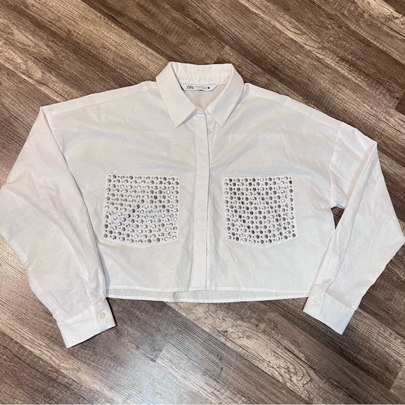 Zara EUC Cropped Button Down Studs Front Pockets Top Size XS - Picture 5 of 12